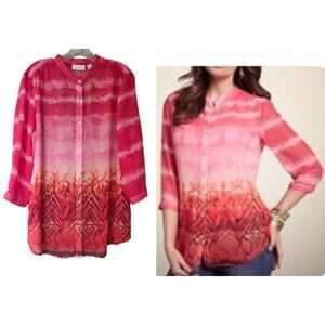 Chico's Semi Sheer 3/4 sleeves Pink-Orange Sunset Shirt Blouse Top Size 3 = XL